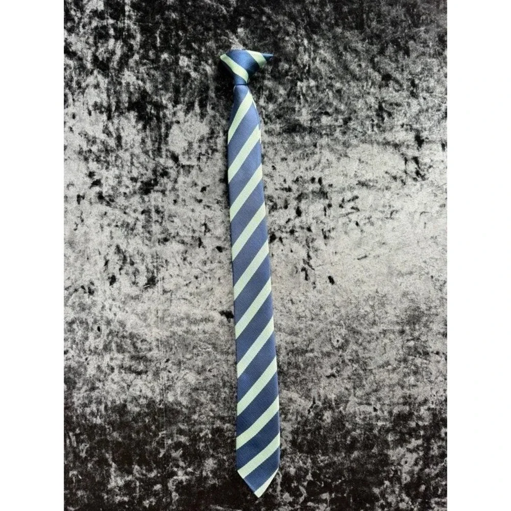 Boys Clip-On Tie Navy Green Repp Stripe 17